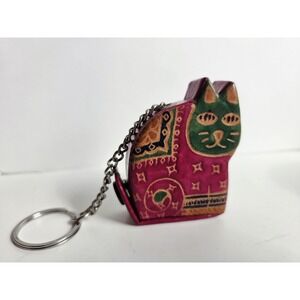 Hand Painted Leather Pouch Keychain Cat Kitten Mini Coin Purse‎